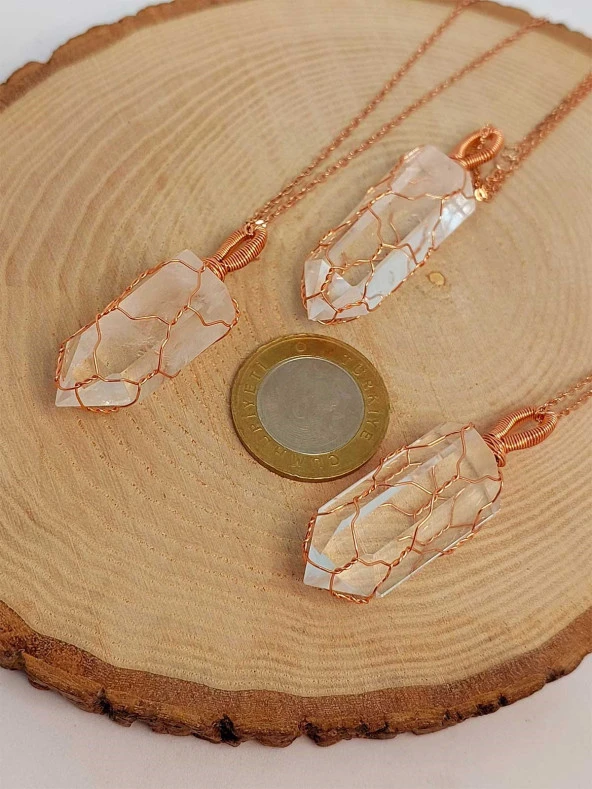 Kristal Kuvars Bakır Malzemeli El Örgüsü Özel Pandül Sarkaç (Kolye Ucu) - Resim 7