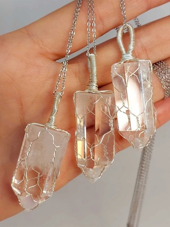 Kristal Kuvars Metal Malzemeli El Örgüsü Özel Pandül Sarkaç (Kolye Ucu) ürün görseli