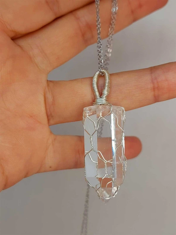 Kristal Kuvars Metal Malzemeli El Örgüsü Özel Pandül Sarkaç (Kolye Ucu) - Resim 2