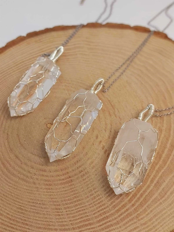 Kristal Kuvars Metal Malzemeli El Örgüsü Özel Pandül Sarkaç (Kolye Ucu) - Resim 6