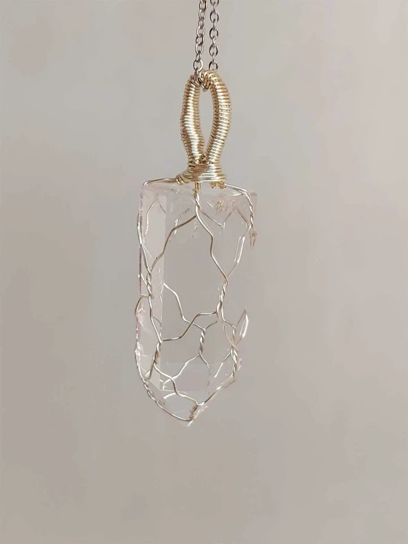 Kristal Kuvars Metal Malzemeli El Örgüsü Özel Pandül Sarkaç (Kolye Ucu) - Resim 7