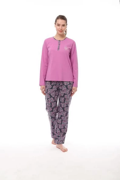 Pijadore Kadın Pembe Mevsimlik Pamuklu Uzun Kollu Pijama Takımı 1549