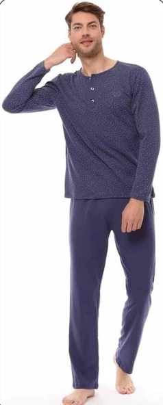Pijadore Erkek Mavi Mevsimlik Uzun Kollu Pamuklu Pijama Takımı 1523 - 2