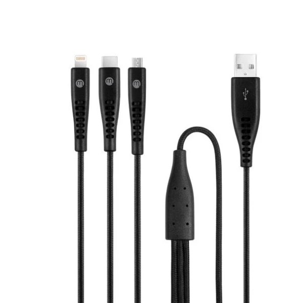 Mojue Ekstra Dayanıklı Trio Şarj Kablosu USB-A - USB-C / Lightning / Micro USB 150cm 3DK44S Siyah