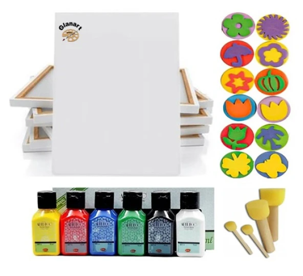 6x75 ml artdeco parmak boyası seti 25x35 tuval, baskı kalıpları ve ponpon fırçalı set ürün görseli 1