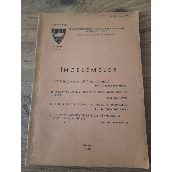 Ankara Üniversitesi SBF Yayınları Türkiye'de Yasama Yürütme Münasebeti" (ikinci el ürün)