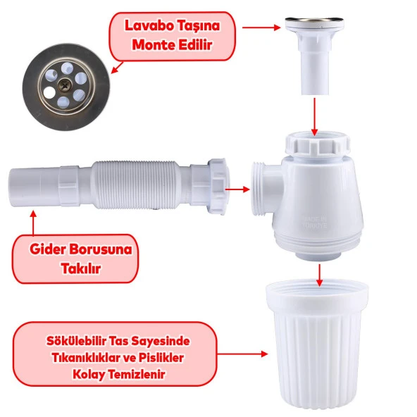 Sifon Körüklü Sökülebilir Taslı Temizlenebilir Mutfak Banyo Mutfak Lavabo Taşı Gider Borusu Plastik 38 cm - 3