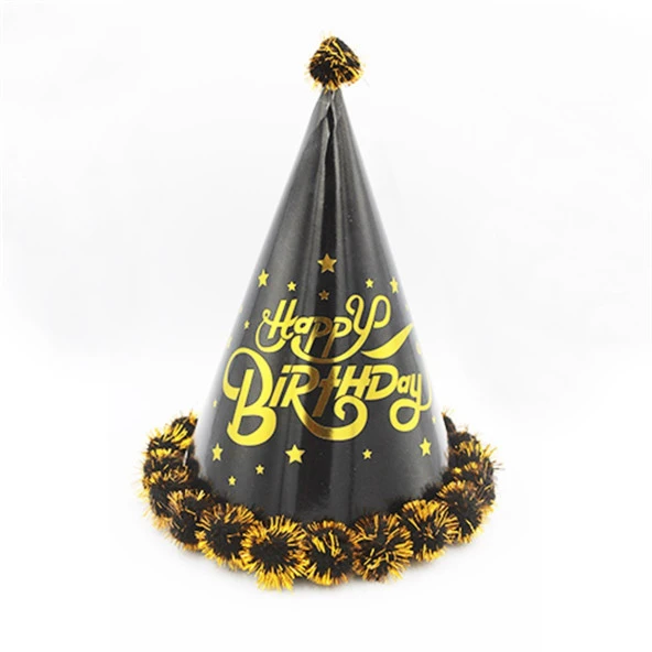 Happy Bırthday Parlak Parti Şapka Siyah Ponponlu 23 cm ürün görseli 1