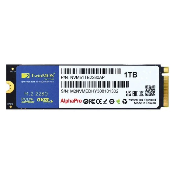 TWINMOS TwinMOS NVMe1TB2280AP, AlphaPro, 1TB, M.2 PCIe  NVMe, Gen3, SSD, 3600-3250Mb/s, TLC 3DNAND