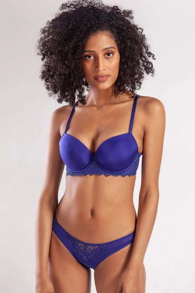 GARLAND A Plus Mavi Dantel Detaylı Big Size Plunge Sütyen - 3