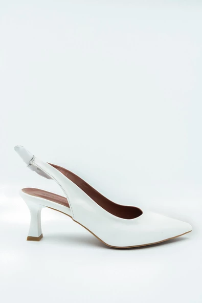 Beyaz Arkadan Fiyonklu Kısa Topuklu Stiletto Ayakkabı - Minipony - Resim 2