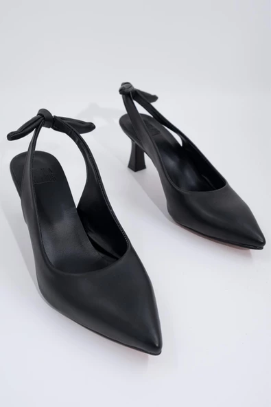 Siyah Arkadan Fiyonklu Kısa Topuklu Stiletto Ayakkabı - Minipony - Resim 4