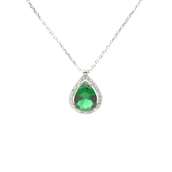 925 Ayar Gümüş Damla Zümrüt Renk Taşlı Anturaj Kolye ürün görseli 1