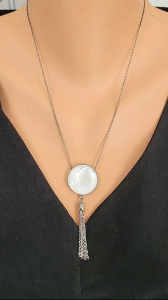 925 Ayar Gümüş Sedef Taşlı Püskül Kolye ürün görseli