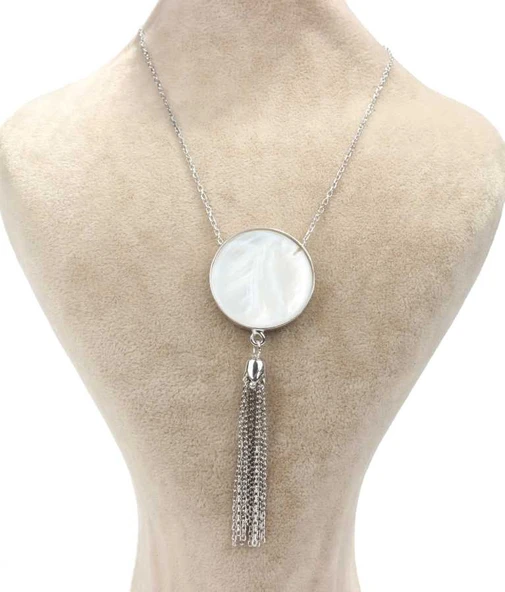 925 Ayar Gümüş Sedef Taşlı Püskül Kolye - Resim 2