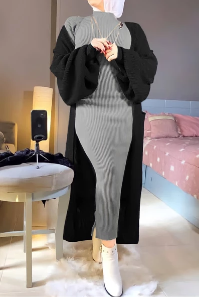 Balon Kol Uzun Boy Hırka Selanki Örme - 5
