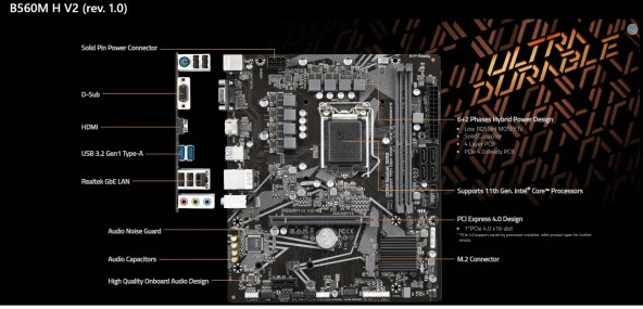 GIGABYTE B560M H V2 1.0 B560 DDR4 Vga GLan mATX HDMI USB3 M2 1200Pv2 Anakart