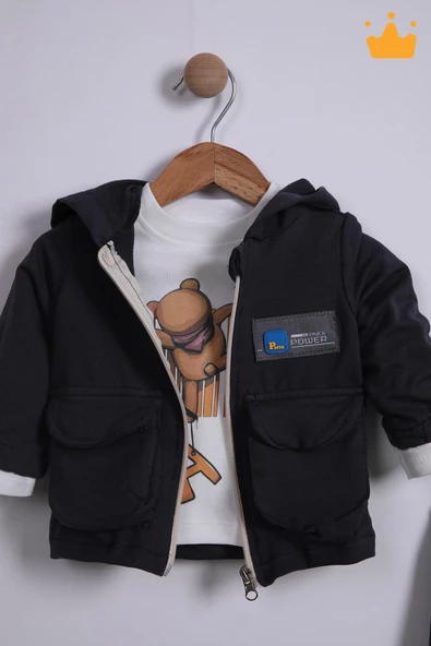 Babyhola Bayramlık 3'lü Kapşonlu Hırka Badi Pantolon Erkek Bebek Çocuk Alt Üst Takım - 11