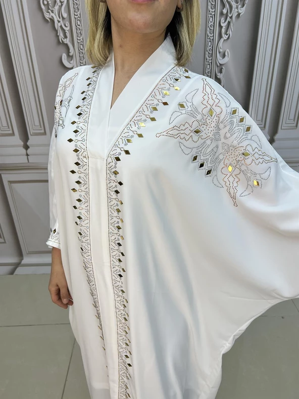 V Yaka Büyük Beden Crystal Taşlı Uzun Elbise - BEYAZ - 3