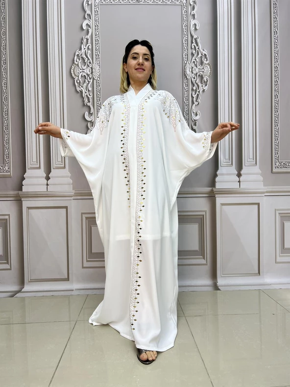 V Yaka Büyük Beden Crystal Taşlı Uzun Elbise - BEYAZ - 6