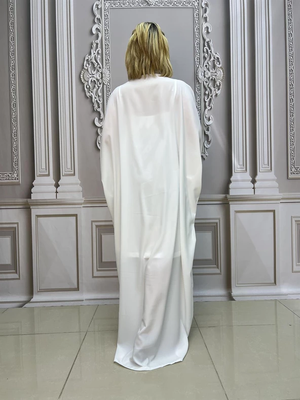 V Yaka Büyük Beden Crystal Taşlı Uzun Elbise - BEYAZ - 4