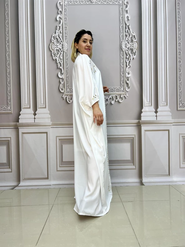 V Yaka Büyük Beden Crystal Taşlı Uzun Elbise - BEYAZ - 5