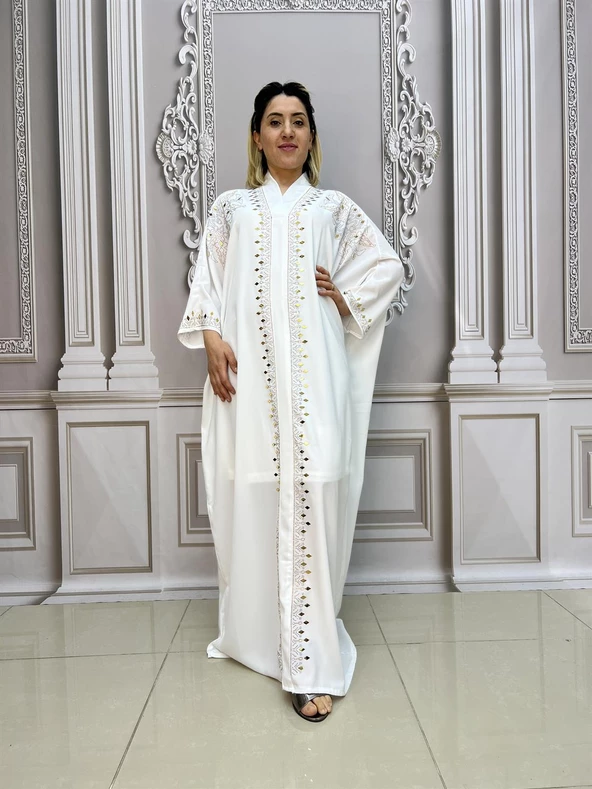 V Yaka Büyük Beden Crystal Taşlı Uzun Elbise - BEYAZ - 7