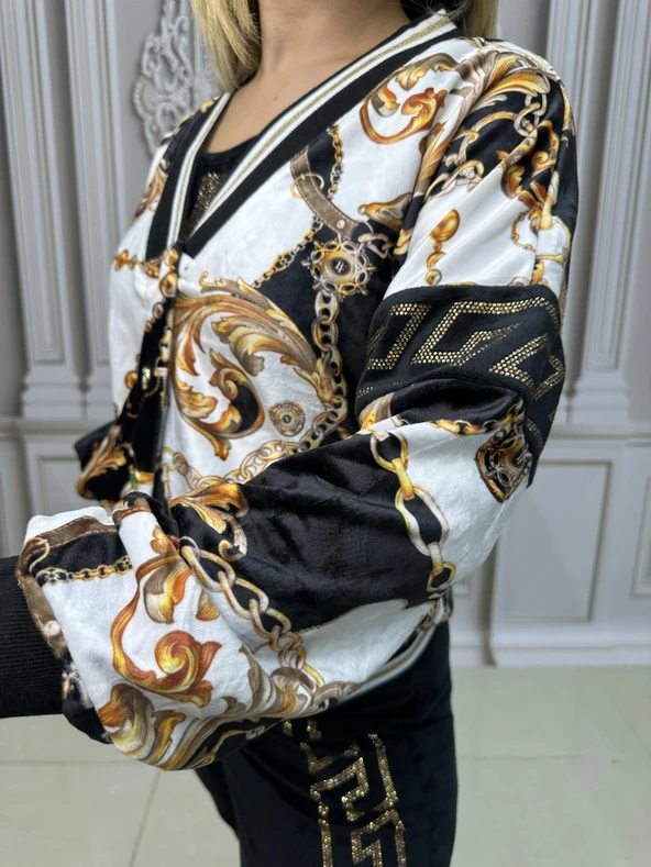 Ceketli Büstiyerli Crystal Taşlı Üçlü Kadife Takım - BEJ - 3