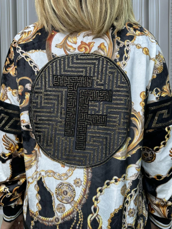 Ceketli Büstiyerli Crystal Taşlı Üçlü Kadife Takım - BEJ - 5