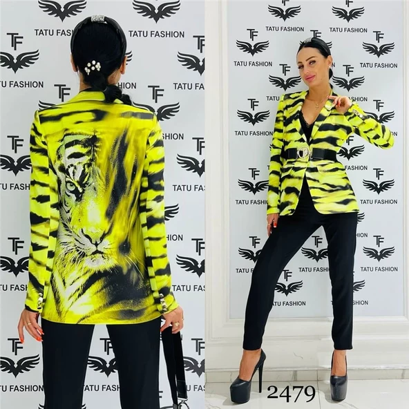 Leopar Desen Crystal Taşlı Ceketli Takım - YEŞİL