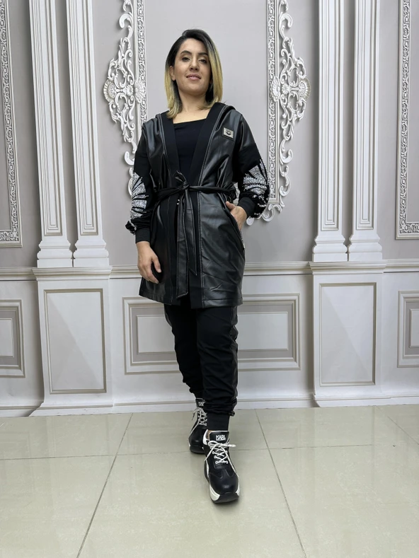 Kol Detaylı Ceketli Crystal Taşlı Takım - SİYAH GÜMÜŞ