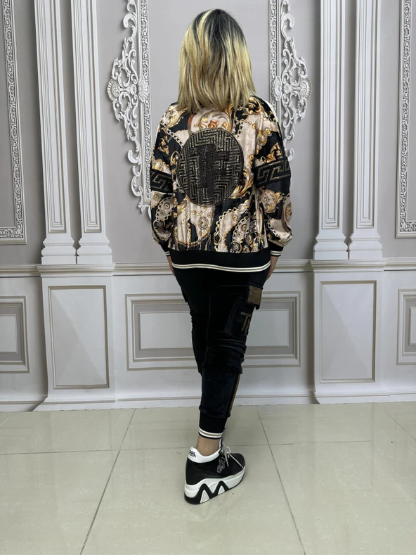 Ceketli Büstiyerli Crystal Taşlı Üçlü Kadife Takım - BEJ - 4