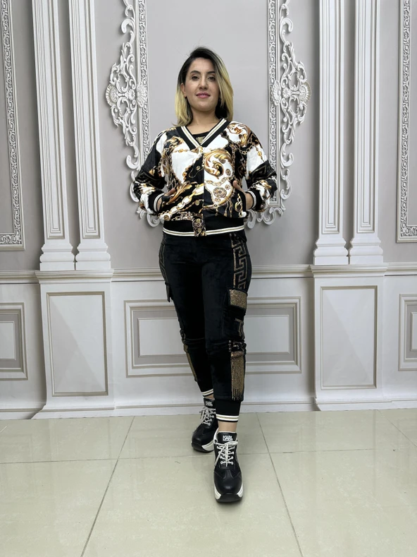 Ceketli Büstiyerli Crystal Taşlı Üçlü Kadife Takım - BEJ - 2