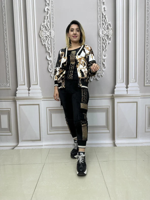 Ceketli Büstiyerli Crystal Taşlı Üçlü Kadife Takım - BEJ