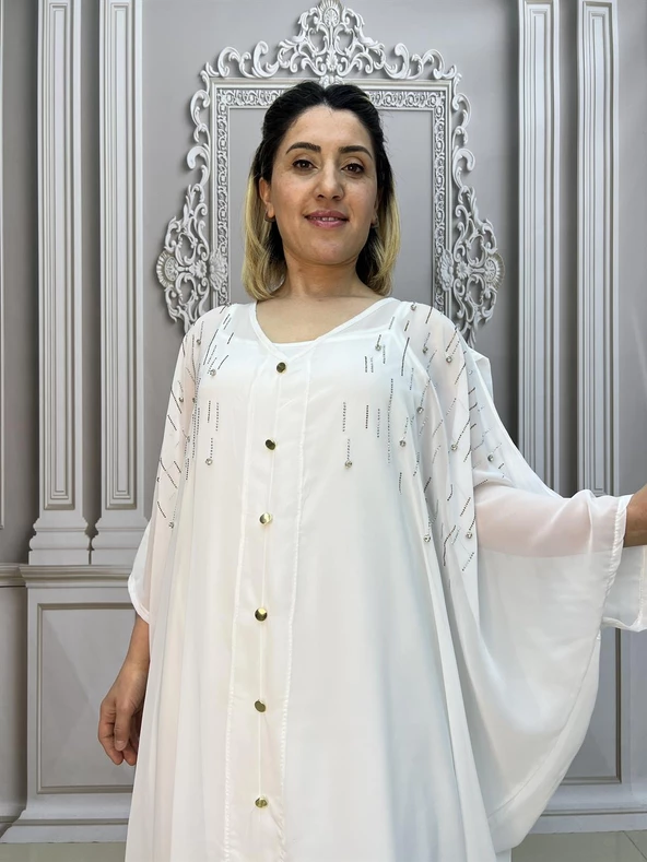 Şifon V Yaka Kapşonlu Crystal Taşlı Elbise - BEYAZ - 4