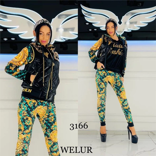 Kadife Omuz Taş Detaylı Şişme Yelekli Crystal Taşlı Üçlü Takım - YEŞİL