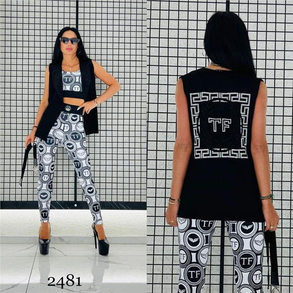 Crop Yelek Kemer Crystal Taşlı Üçlü Takım - EKRU - 1