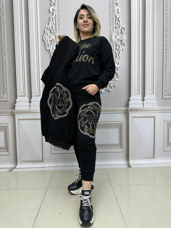 Tatu Yelekli Crystal Taşlı Üçlü Takım - SİYAH GOLD