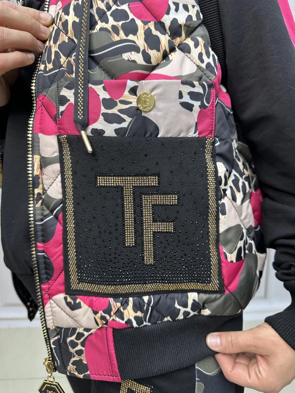 Yelek Zincir Detay Şişme Yelekli Crystal Taşlı Üçlü Takım - FUŞYA - 6