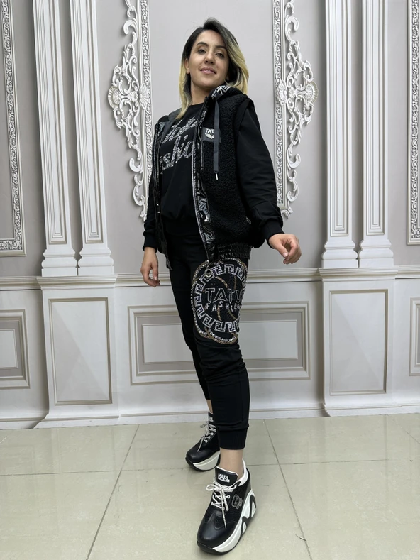 Tatu Yelekli Crystal Taşlı Üçlü Takım - SİYAH GÜMÜŞ - 2
