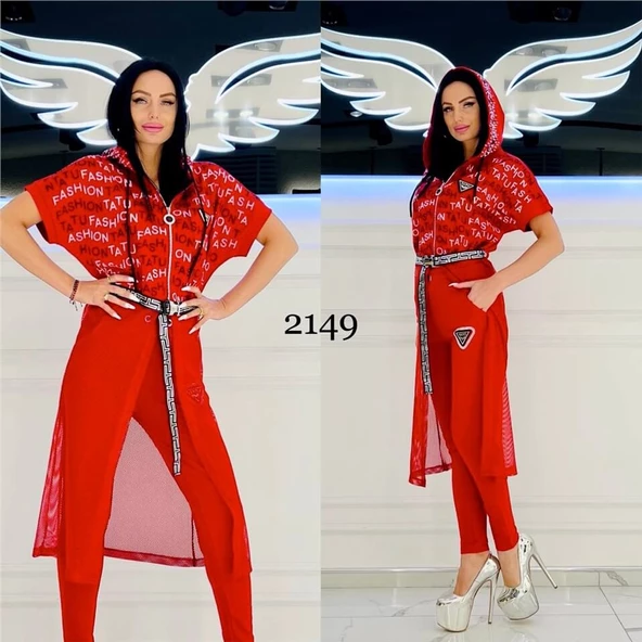 Fashion Tüllü Tunikli Crystal Taşlı Taytlı Takım - KIRMIZI