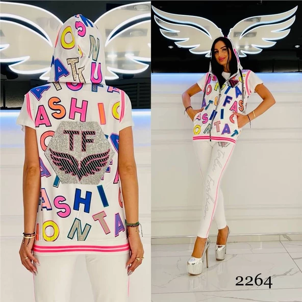 Tatu Karışık Crystal Taşlı Üçlü Eşofman Takımı - EKRU