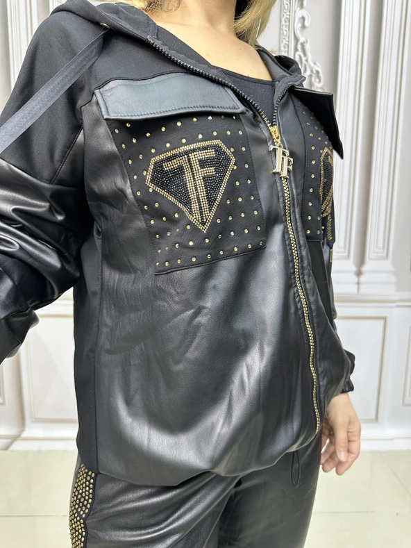 Tf Deri Crystal Taşlı Eşofman Takımı - SİYAH GOLD - 5