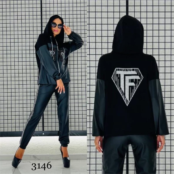 Tf Deri Crystal Taşlı Eşofman Takımı - SİYAH GÜMÜŞ