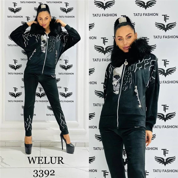 Kurukafalı Kürklü Crystal Taşlı Kadife Eşofman Takımı - SİYAH GÜMÜŞ