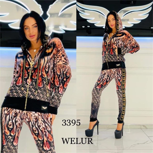 Karışık Desen Crystal Taşlı Kadife Eşofman Takımı - BEJ