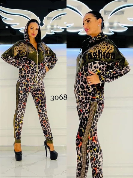 Omuz Çift Leopar Crystal Taşlı Kadife Eşofman Takımı - HAKİ
