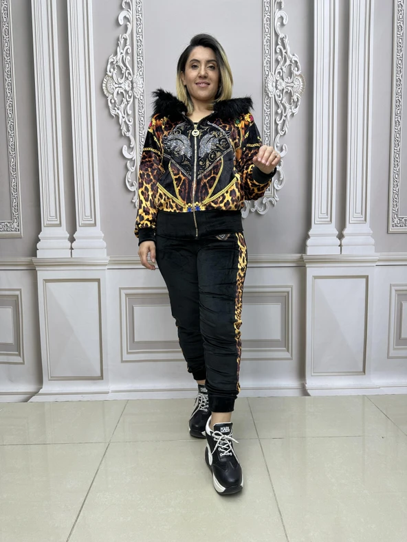 Leopar Desen Kürklü Crystal Taşlı Kadife Eşofman Takımı - KAHVE