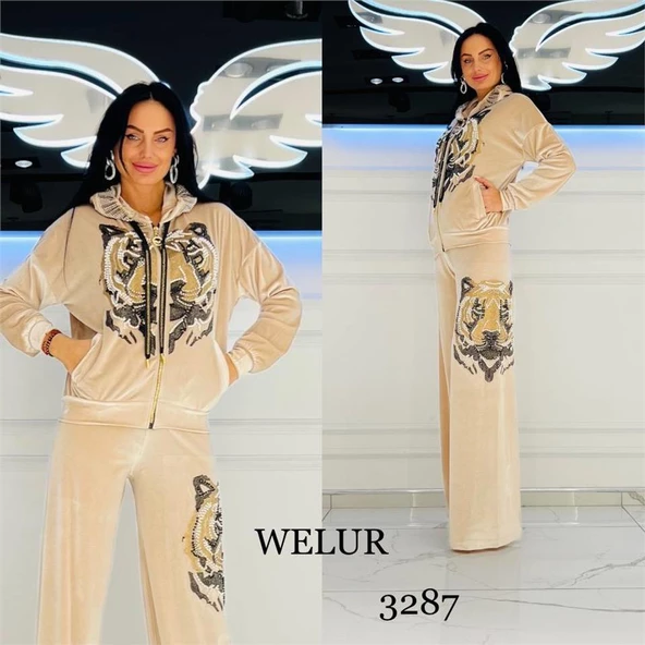 İspanyol Paça Leoparlı Crystal Taşlı Kadife Eşofman Takımı - BEJ