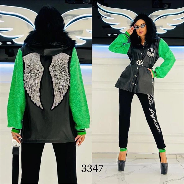 Melek Kanat Derili Crystal Taşlı Eşofman Takımı - YEŞİL